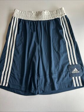 adidas Men’s Navy Athletic Shorts with White Waistband and Stripes